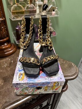 Jeffrey Campbell Black Heeled Sandals with Gold Chain Trim
